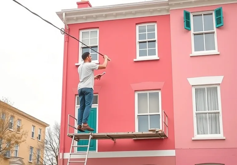 Peintre sur échafaudage traitant la façade d'une maison